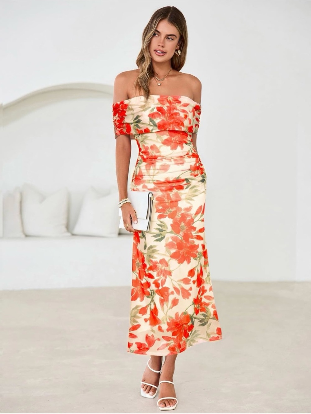 Simplee Off-Shoulder Floral Maxi Dress in Orange and Cream NWT